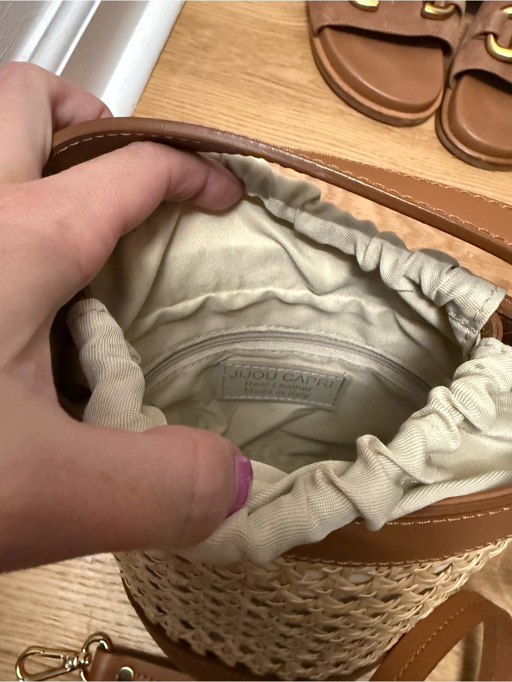 Tan Woven Bucket Crossbody Bag with Drawstring Pouch - Picture 3 of 4